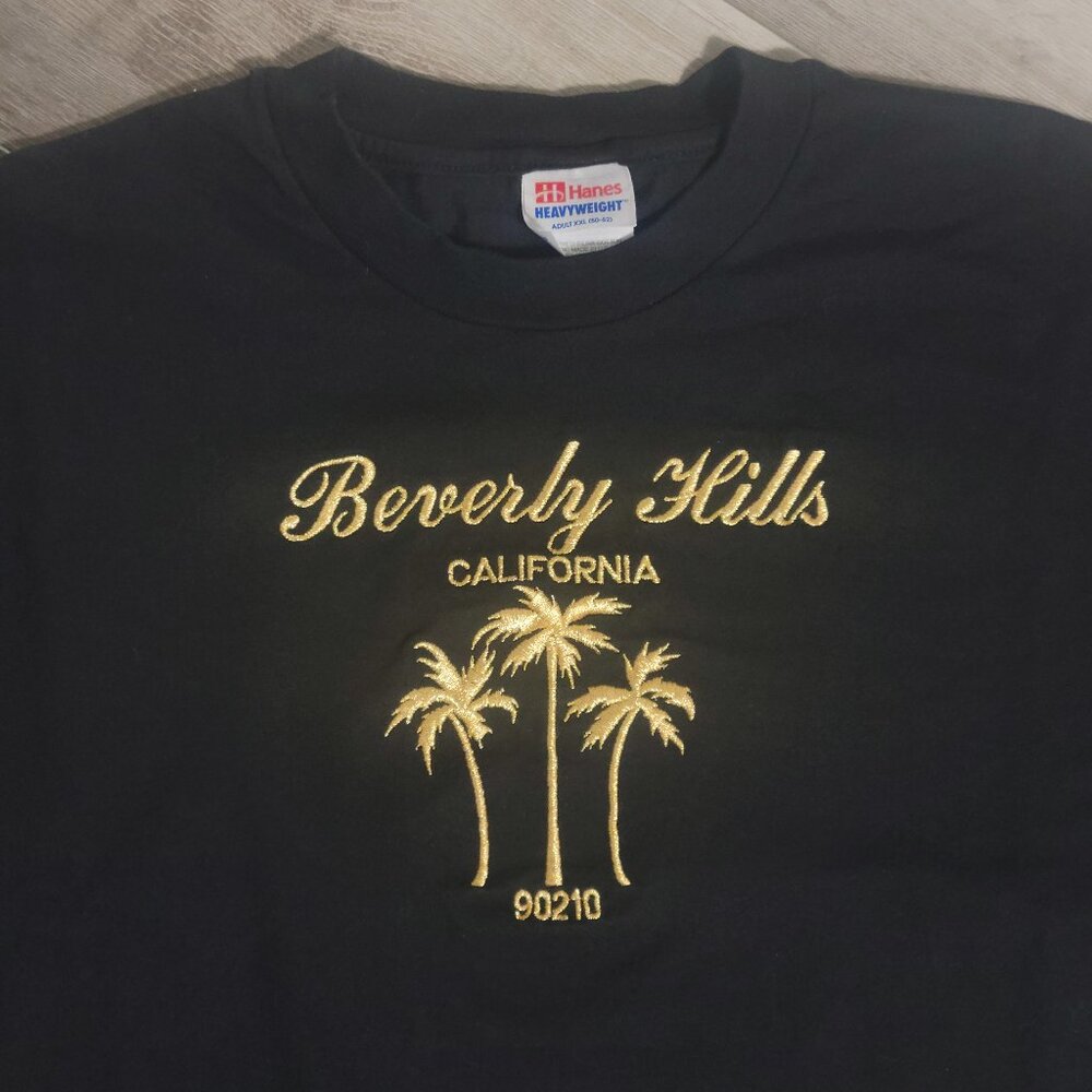 Vintage Beverly Hills 90210 Palm Tree Tee XXL Black Embroidered California Y2K